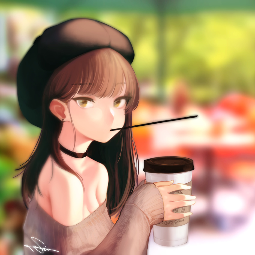 1girl bangs bare_shoulders beret black_choker black_headwear blurry blurry_background brown_eyes brown_hair brown_sweater choker coffee_cup commentary cup depth_of_field dev disposable_cup earrings eyebrows_visible_through_hair hat highres holding holding_cup jewelry long_hair long_sleeves looking_at_viewer mouth_hold off-shoulder_sweater off_shoulder original signature sleeves_past_wrists solo stud_earrings sweater upper_body
