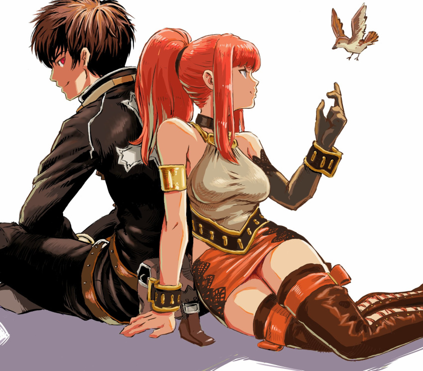1boy 1girl animal arm_support armlet asymmetrical_gloves back-to-back bare_shoulders bird blue_eyes boots bracelet brown_hair choker closed_mouth elbow_gloves gloves hand_up high_ponytail highres jacket jewelry karin_koenig long_hair long_sleeves looking_at_another microskirt pants redhead shadow_hearts shadow_hearts_ii shirt short_hair simple_background single_glove sitting skirt sleeveless smile thigh-highs thigh_boots ume_(yume_uta_da) white_background yuri_hyuga zettai_ryouiki
