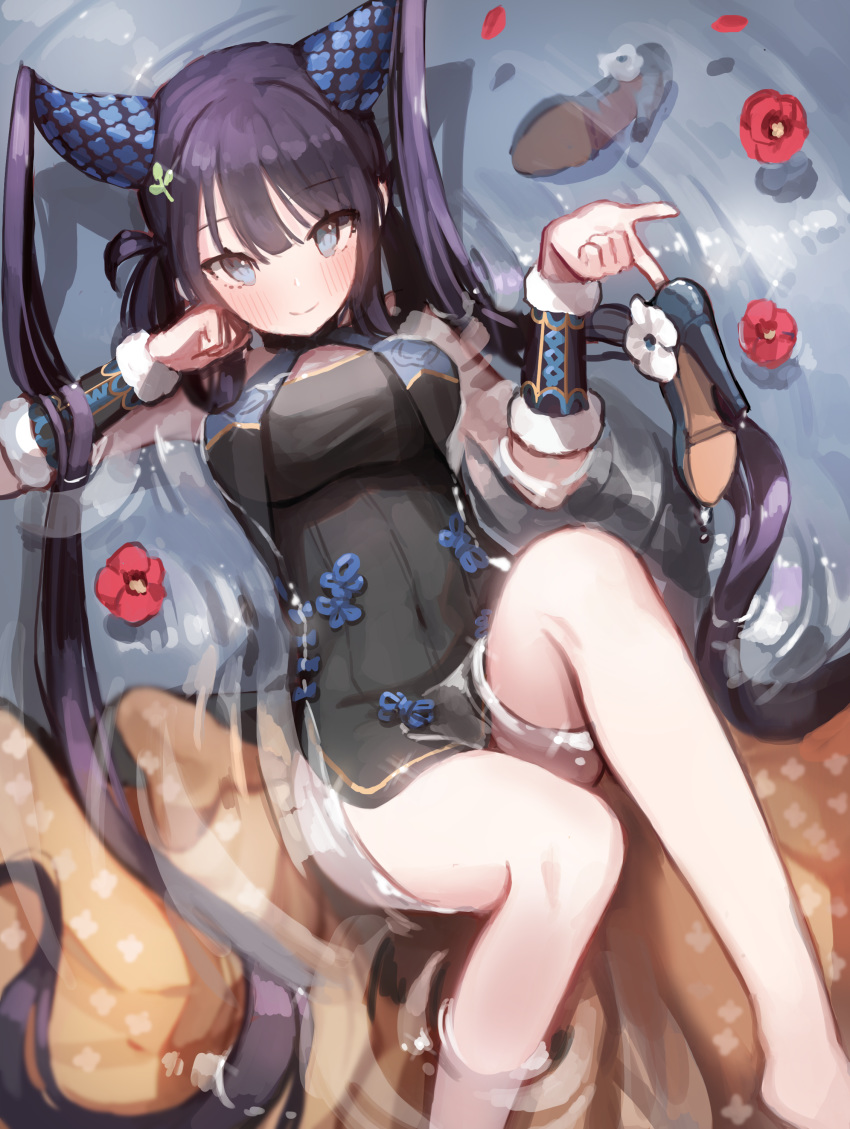 1girl absurdres bangs bare_thighs black_dress blue_eyes blunt_bangs camellia chinese_clothes dress fate/grand_order fate_(series) flower hair_ornament high_heels highres leaf_hair_ornament long_hair looking_at_viewer pn_pixi purple_hair solo twintails very_long_hair water yang_guifei_(fate/grand_order)