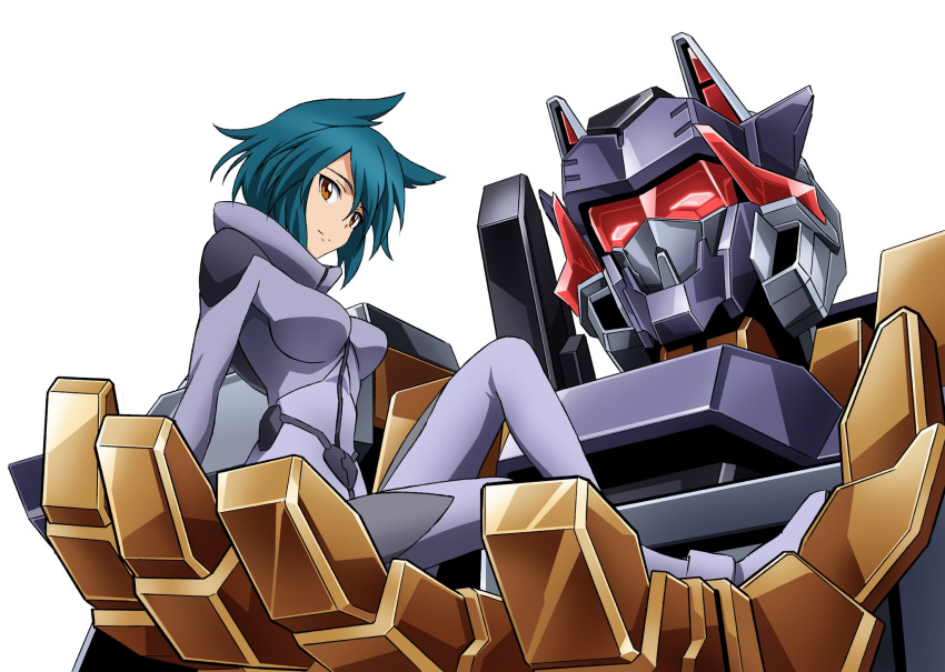 1girl bodysuit breasts brown_eyes commentary_request glowing glowing_eyes green_hair hair_flaps highres knee_up kumichou_(ef65-1118-ef81-95) large_breasts long_sleeves looking_at_viewer mecha original pilot_suit red_eyes short_hair sitting_on_hand visor white_background