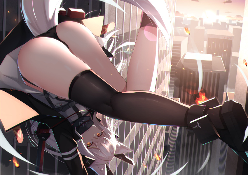 1girl animal_ears ass bare_legs black_jacket black_legwear black_panties building city cityscape clenched_teeth debris dress evening f_(milfaaaaa) fire fox_ears fox_girl fox_tail from_below from_side grey_dress hair_between_eyes headgear highres jacket kneepits legs long_hair looking_at_viewer midair motion_lines open_clothes open_jacket orange_eyes orange_sky original outdoors outstretched_leg over_shoulder panties parted_lips silver_hair single_thighhigh skindentation sky skyscraper solo spinning sun sunlight sunset sword sword_over_shoulder tail teeth thigh-highs thighs underwear upside-down upskirt very_long_hair weapon weapon_over_shoulder