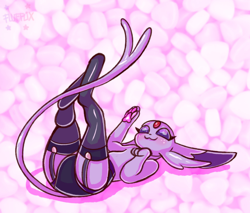 :3 black_legwear black_panties blush closed_mouth clothed_pokemon commentary creature english_commentary espeon flufflixx full_body gen_2_pokemon happy heart heart_background looking_up lying no_humans on_back panties pokemon pokemon_(creature) purple_background purple_theme shadow solo thigh-highs underwear violet_eyes