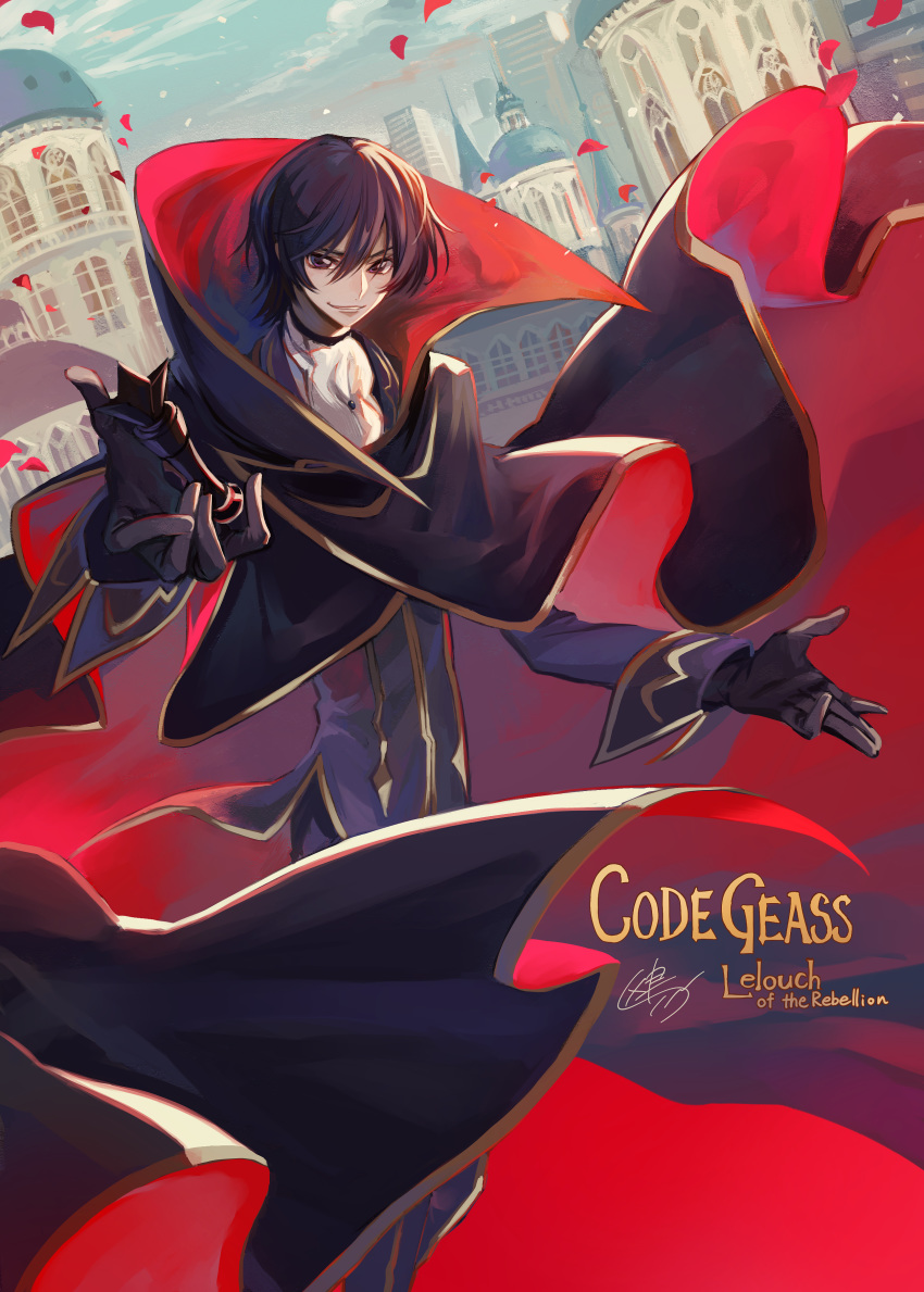 1boy absurdres bangs black_cape black_gloves black_hair cape character_name chess_piece code_geass copyright_name gloves grin hair_between_eyes highres king_(chess) kubird_meme lelouch_lamperouge male_focus outdoors petals signature smile solo standing violet_eyes