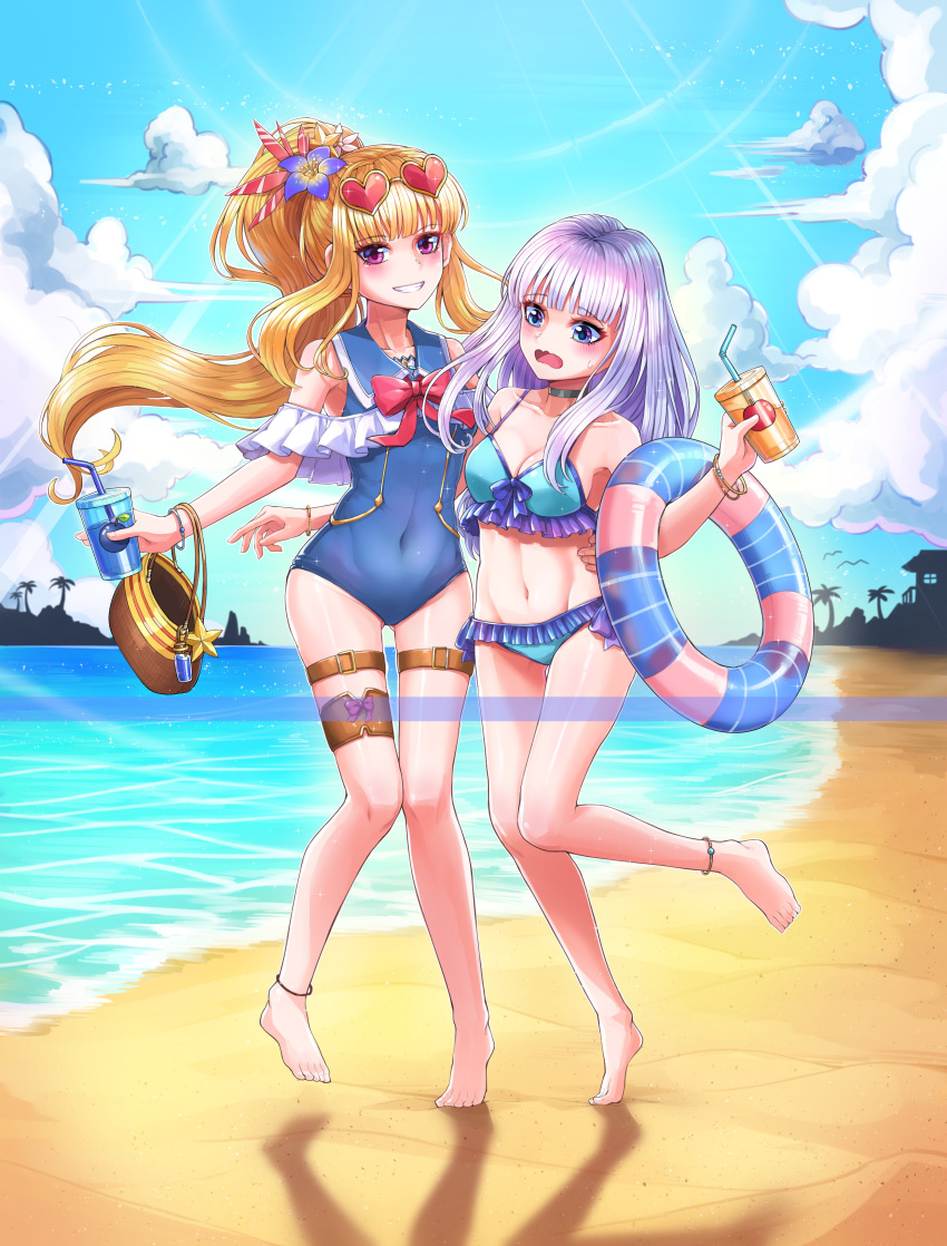 2girls absurdres barefoot beach blonde_hair blue_eyes breasts cagliostro_(granblue_fantasy) flat_chest granblue_fantasy grin highres kenja_no_deshi_wo_nanoru_kenja kokukyukeo medium_breasts mira_(kenja) multiple_girls navel open_mouth parted_lips pink_eyes shiny shiny_skin silver_hair smile swimsuit trait_connection wavy_mouth
