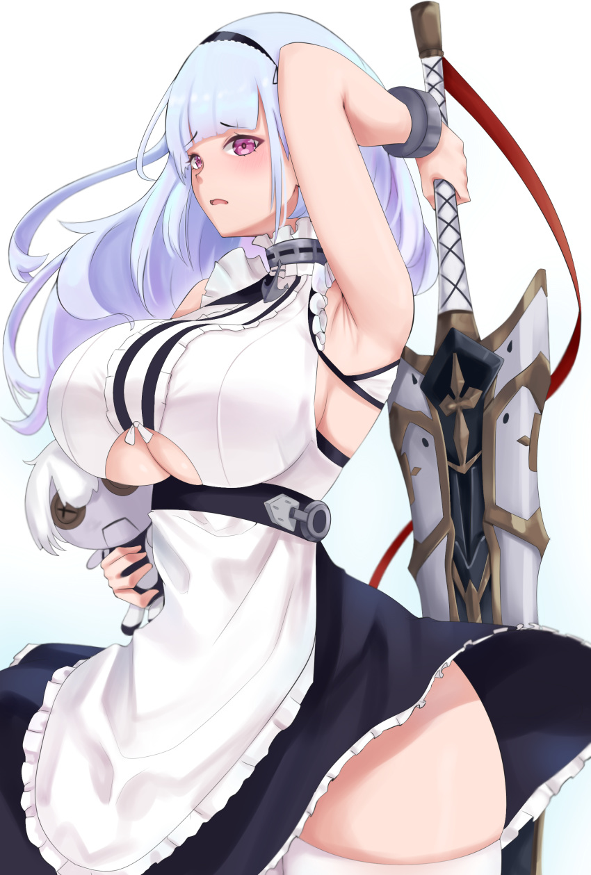 1girl absurdres anchor_choker anchor_necklace apron arm_behind_back armpits azur_lane bangs black_hairband breasts center_frills choker cromwellb dido_(azur_lane) doll frilled_apron frilled_choker frills hairband highres holding holding_doll holding_sword holding_weapon lace-trimmed_hairband large_breasts long_hair maid_apron open_mouth pink_eyes shirt silver_hair sleeveless sleeveless_shirt sword thigh-highs thighs under_boob underboob_cutout waist_apron weapon white_apron wrist_cuffs