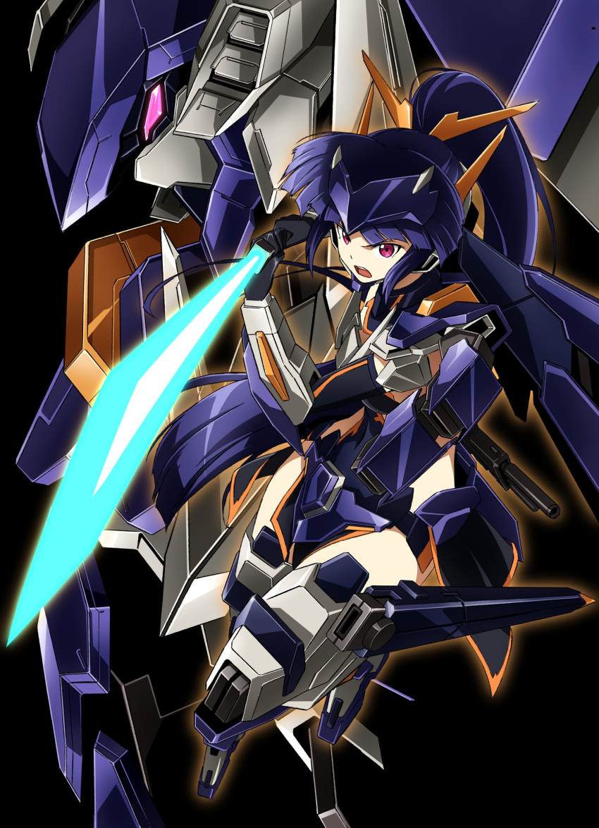 1girl black_background black_gloves blue_hair commentary_request elbow_gloves full_body gloves glowing glowing_eyes glowing_sword glowing_weapon gun headgear high_ponytail highres kumichou_(ef65-1118-ef81-95) long_hair mecha mecha_musume open_mouth original pink_eyes shoulder_armor stance sword very_long_hair weapon