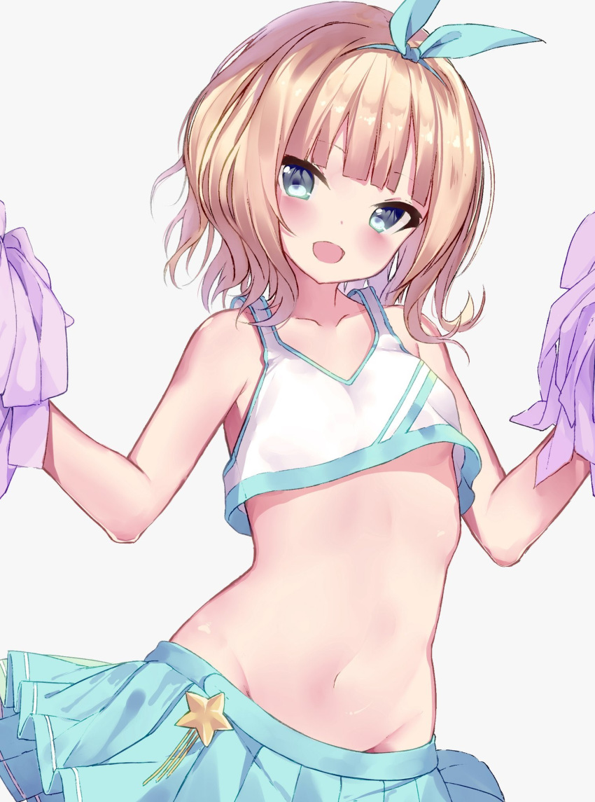 1girl :d bare_arms bare_shoulders blonde_hair blue_eyes blue_skirt breasts collarbone commentary crop_top crop_top_overhang ganbare_ganbare_(itou_life) gochuumon_wa_usagi_desu_ka? groin hair_ribbon hands_up highres holding_pom_poms karuno_mizuki_(kyuu_arupaka) kirima_sharo looking_at_viewer medium_hair midriff miniskirt navel open_mouth pleated_skirt ribbon shirt simple_background skirt sleeveless sleeveless_shirt small_breasts smile solo stomach under_boob upper_body white_background white_shirt