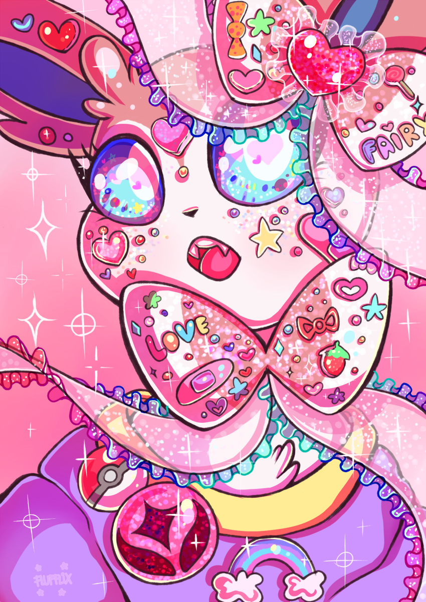 :o bandaid blue_eyes candy clothed_pokemon commentary creature decora english_commentary face fangs flufflixx food gen_6_pokemon heart highres lollipop no_humans pink_background poke_ball poke_ball_(generic) poke_ball_print pokemon pokemon_(creature) rainbow signature simple_background solo sparkle star sylveon