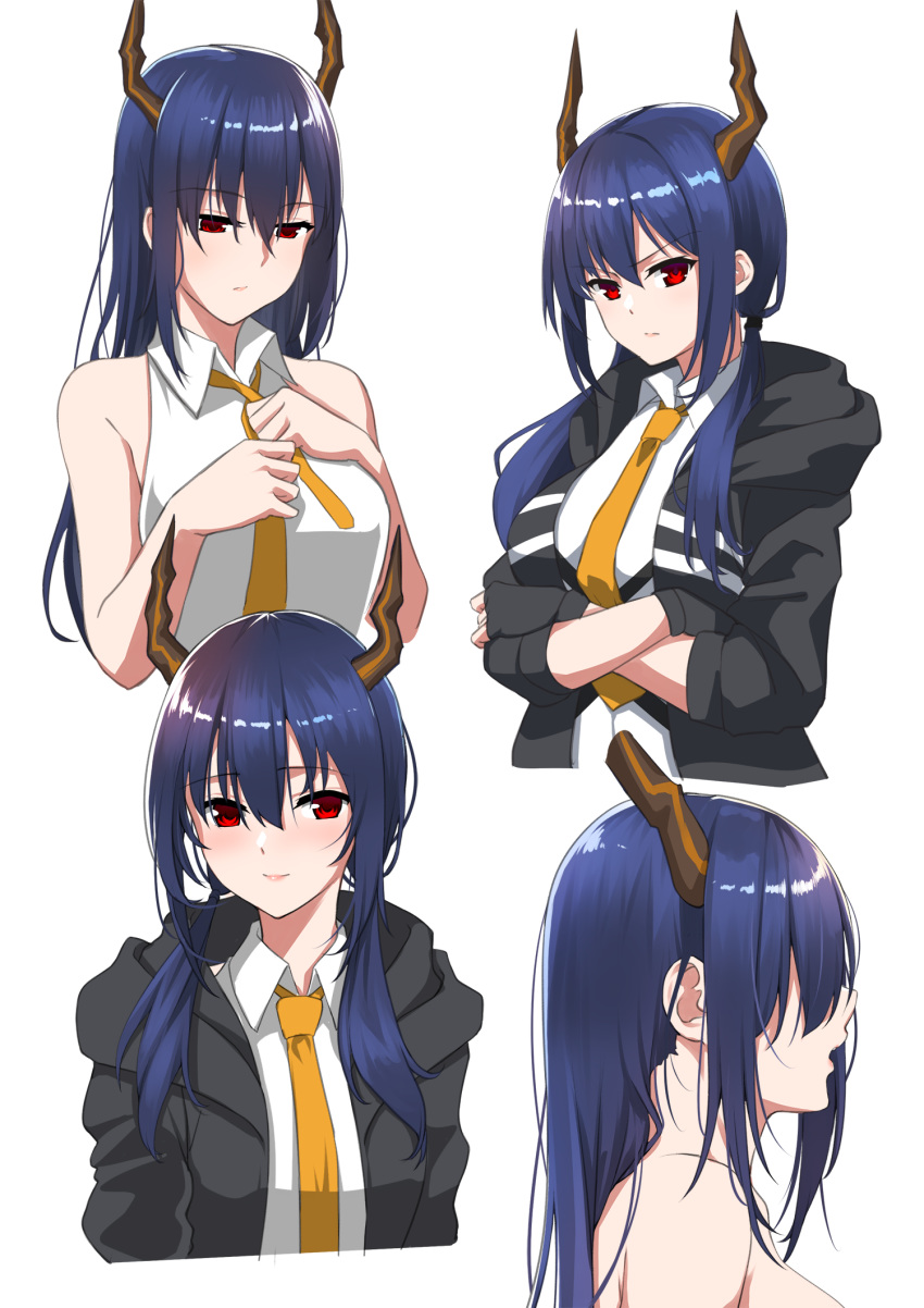 1girl alternate_hairstyle arknights bangs bare_arms bare_shoulders bishi_(bishi) black_gloves black_jacket blue_hair blush breasts ch'en_(arknights) commentary_request cropped_torso crossed_arms eyebrows_visible_through_hair from_side gloves hair_between_eyes hair_down hair_over_eyes hands_on_own_chest hands_up highres hood hooded_jacket horns jacket large_breasts long_hair long_sleeves looking_at_viewer low_twintails multiple_views necktie open_clothes open_jacket open_mouth profile red_eyes shirt sidelocks simple_background sleeveless sleeveless_shirt smile twintails upper_body white_background white_shirt wing_collar yellow_neckwear