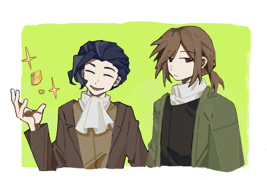 2boys aaayamitsu absurdres ascot black_vest blue_hair brown_eyes brown_hair brown_jacket brown_vest chinese_commentary closed_eyes closed_mouth collared_shirt commentary_request dark_blue_hair green_jacket hand_up harada_mutei highres jacket long_sleeves low_ponytail male_focus multiple_boys open_clothes open_jacket open_mouth saibou_shinkyoku shirt short_hair short_ponytail smile sparkle utsugi_rangiri vest white_ascot white_shirt