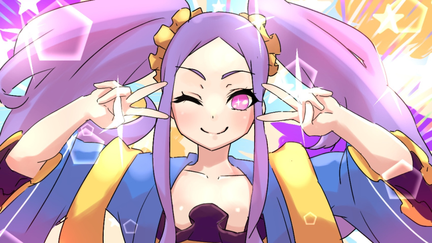 1girl bangs blush breasts chinese_clothes closed_mouth collarbone double_v dress emotional_engine_-_full_drive fate/grand_order fate_(series) forehead hair_ornament hair_scrunchie hanfu light_rays long_hair long_sleeves looking_at_viewer niwaikanai one_eye_closed parody parted_bangs purple_dress purple_hair scrunchie shawl sidelocks small_breasts smile solo sparkle star v v_over_eye very_long_hair violet_eyes wide_sleeves wu_zetian_(fate/grand_order) yellow_scrunchie