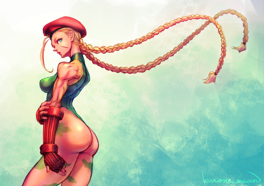 1girl ass bare_thighs beret blonde_hair blue_eyes braid breasts cammy_white camouflage commentary_request floating_hair green_leotard hat kuroneco leotard long_hair muscle muscular_female solo street_fighter street_fighter_ii_(series) twin_braids very_long_hair