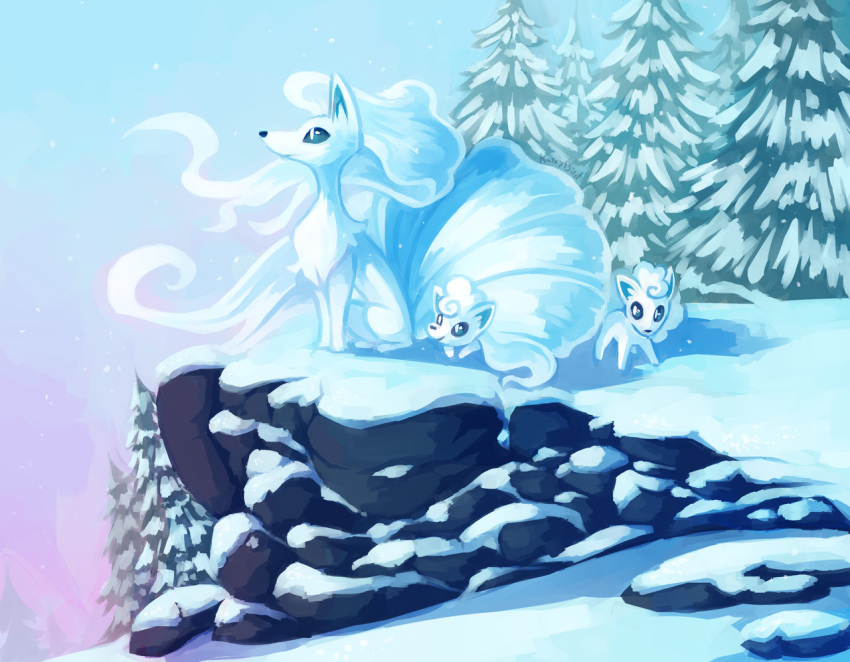 alolan_form alolan_ninetales alolan_vulpix animal_focus black_eyes blue_sky creature full_body gen_7_pokemon karrybird looking_afar no_humans outdoors pine_tree pokemon pokemon_(creature) rock signature sitting sky snow standing tree white_theme winter