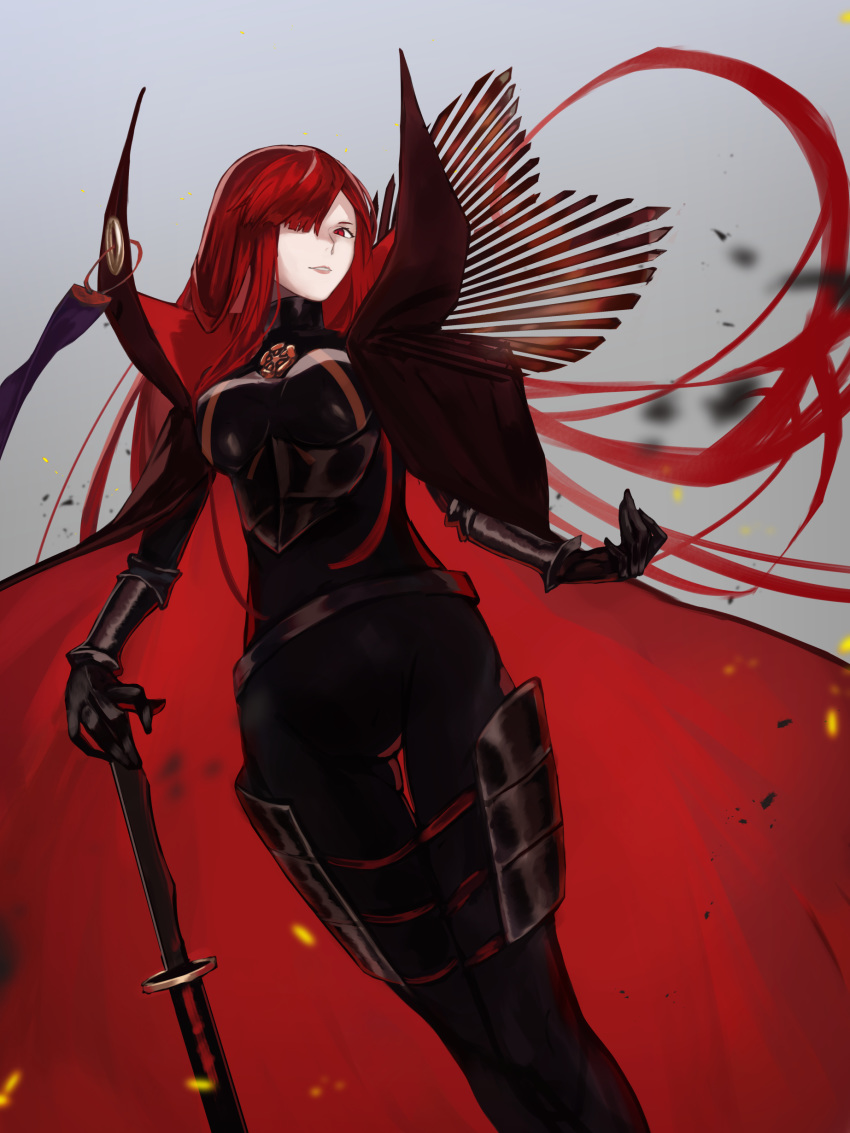 1girl absurdres aito armor bangs belt breasts cape commentary_request fate/grand_order fate_(series) gloves hair_over_one_eye high_collar highres long_hair looking_at_viewer medium_breasts oda_nobunaga_(fate)_(all) oda_nobunaga_(maou_avenger)_(fate) red_eyes redhead solo sword thigh_gap weapon