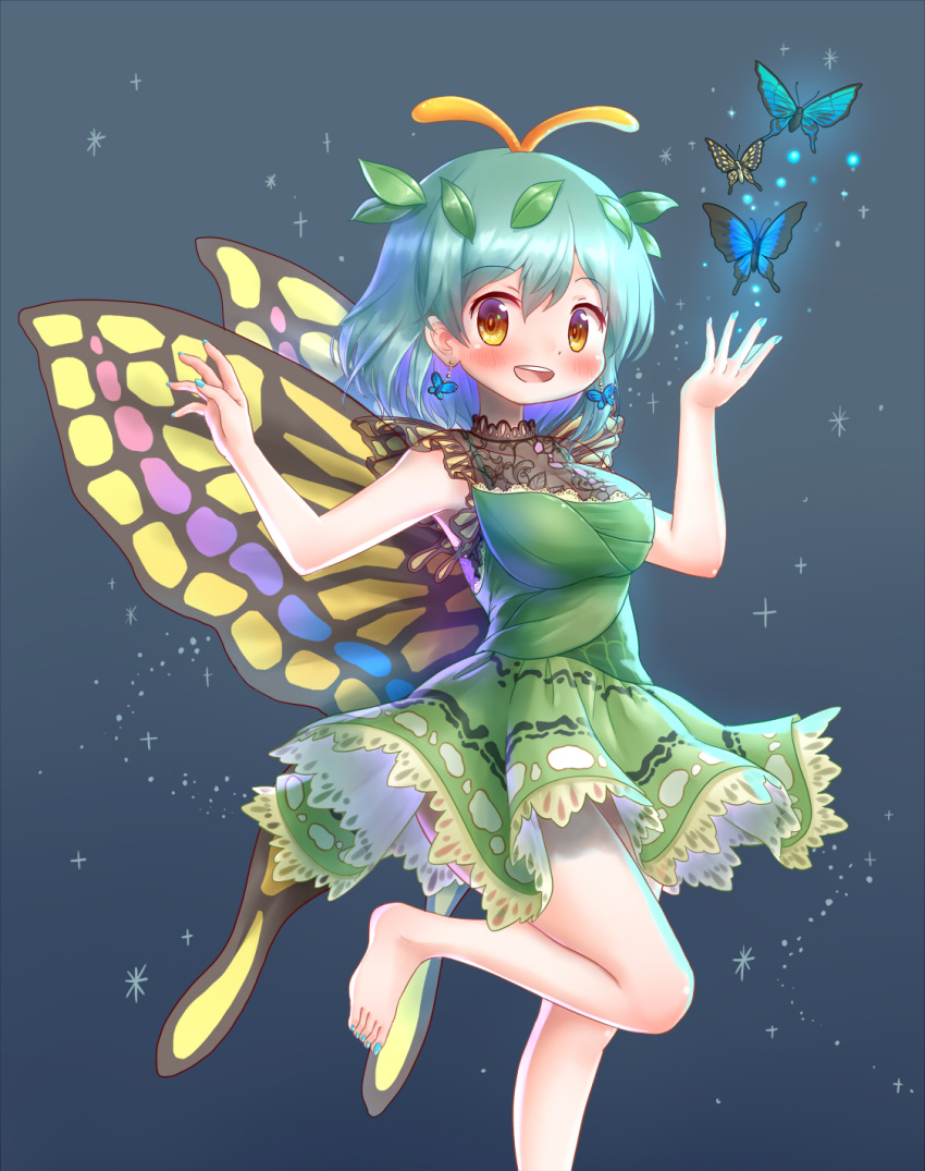 1girl antennae aqua_hair arinu barefoot blue_background blue_nails blush bug butterfly butterfly_earrings butterfly_wings dress earrings eternity_larva eyebrows_visible_through_hair feet_out_of_frame green_dress highres insect jewelry leaf leaf_on_head leg_up looking_at_viewer nail_polish open_mouth see-through short_sleeves smile solo toenail_polish touhou upper_teeth wings yellow_eyes