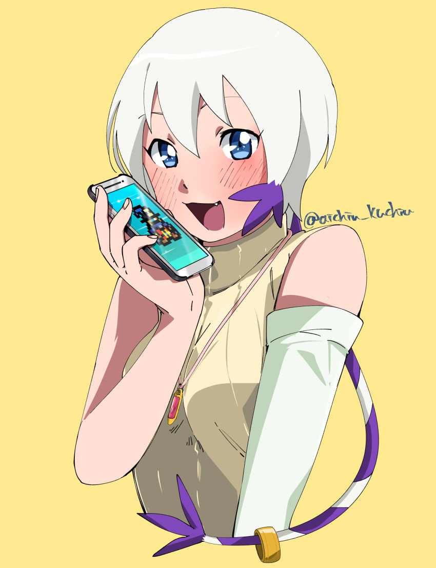 1girl absurdres aioka_(aichiu_kuchiu) blue_eyes blush breasts cellphone commentary_request digimon digimon_adventure_02 fang fusion highres holding holding_cellphone holding_phone looking_at_viewer open_mouth personification phone shirt short_hair simple_background sleeveless smile solo sweater tailmon turtleneck turtleneck_sweater wizarmon yagami_hikari