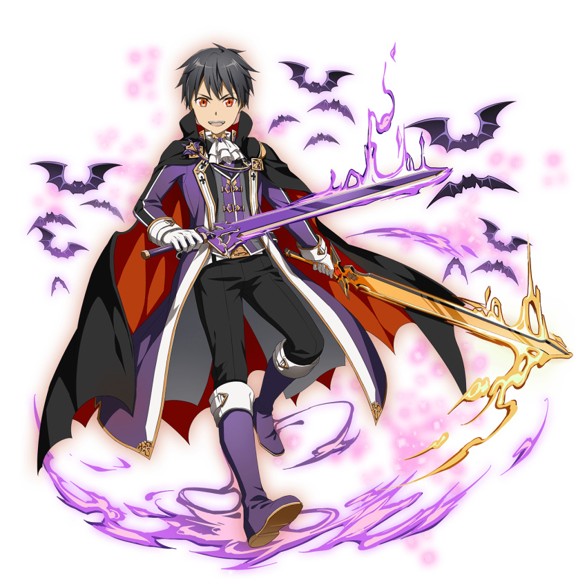 1boy :d alternate_eye_color belt belt_buckle black_cape black_hair black_pants boots buckle cape dual_wielding full_body gloves halloween halloween_costume highres holding holding_sword holding_weapon kirito knee_boots long_sleeves looking_at_viewer male_focus official_art open_mouth pants purple_coat purple_footwear red_eyes shiny shiny_hair smile solo sword sword_art_online transparent_background vampire weapon white_belt white_gloves