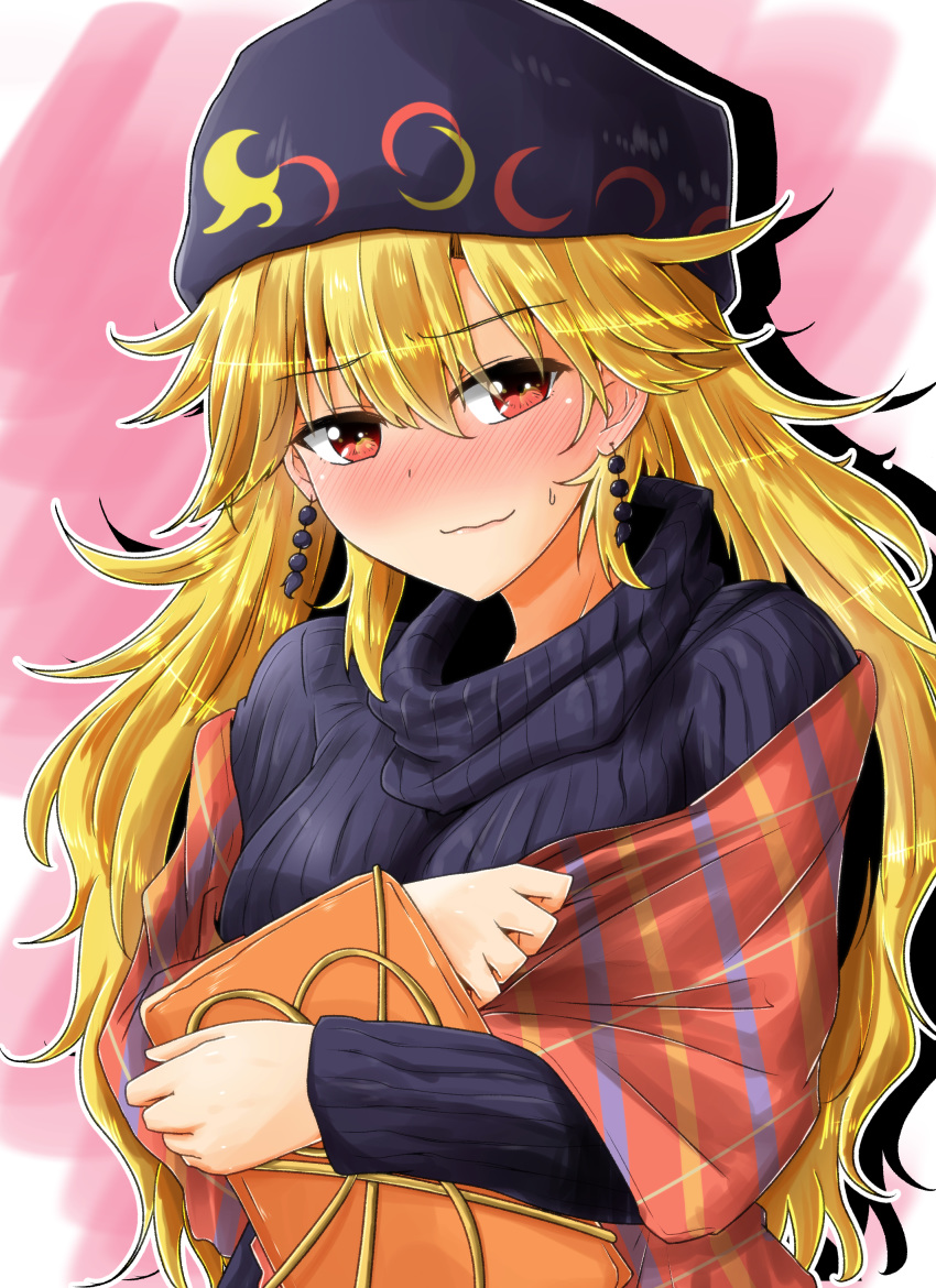 1girl absurdres adapted_costume bangs beanie black_headwear black_sweater blonde_hair blush breasts commentary_request earrings eyebrows_visible_through_hair hair_between_eyes hat highres holding jewelry junko_(touhou) long_hair long_sleeves looking_at_viewer medium_breasts nose_blush oshiaki pink_background red_eyes ribbed_sweater shawl silhouette smile solo sweater touhou turtleneck turtleneck_sweater upper_body wavy_mouth