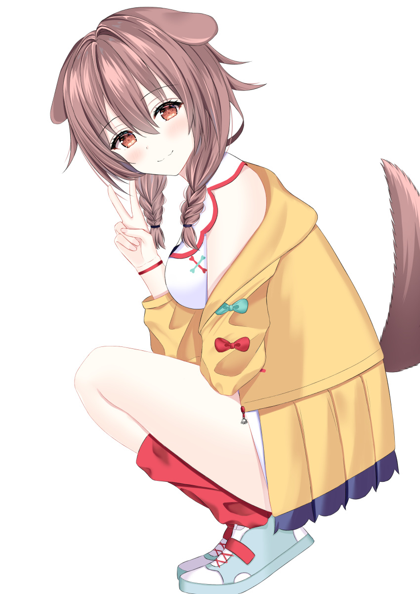 1girl :3 absurdres animal_ears bangs bare_shoulders blush breasts brown_eyes brown_hair closed_mouth collared_dress commentary_request dog_ears dog_girl dog_tail dress eyebrows_visible_through_hair grey_footwear hair_between_eyes hand_up highres hololive hood hood_down hooded_jacket inugami_korone jacket long_sleeves looking_at_viewer medium_breasts off_shoulder open_clothes open_jacket red_legwear shoes simple_background sleeveless sleeveless_dress socks solo squatting suzuka_roa tail v virtual_youtuber white_background white_dress yellow_jacket