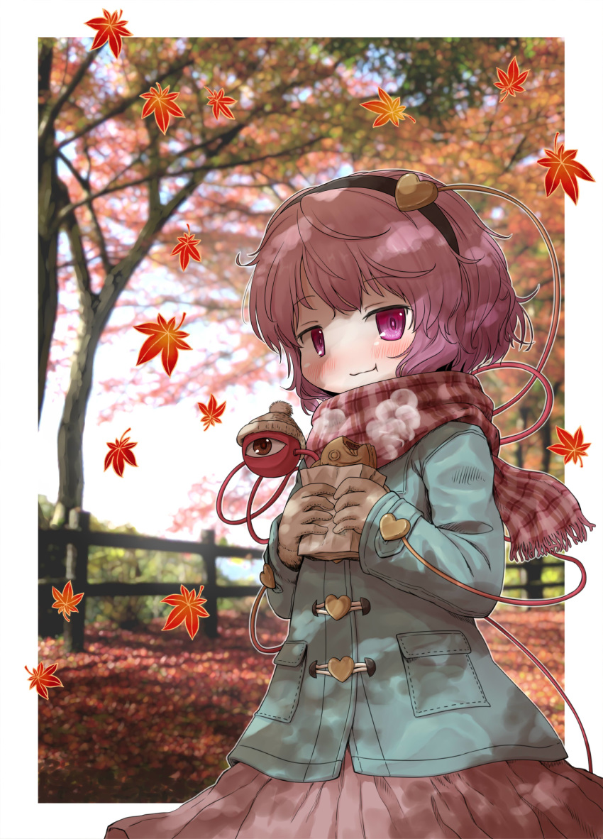 1girl :t arinu autumn_leaves beanie black_hairband blue_coat blush coat commentary_request cowboy_shot eating fence food gloves hair_ornament hairband hat heart heart_hair_ornament highres komeiji_satori leaf looking_at_viewer maple_leaf pink_eyes pink_hair pink_skirt plaid plaid_scarf scarf skirt solo taiyaki third_eye touhou tree wagashi white_gloves