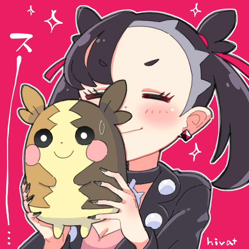 1girl absurdres black_choker black_eyes black_hair black_nails blush choker closed_eyes earrings eyebrows_visible_through_hair fingernails gen_8_pokemon hair_ribbon highres hiva+ holding holding_pokemon jewelry long_fingernails long_hair mary_(pokemon) morpeko open_eyes pink_background pink_ribbon pokemon pokemon_(creature) pokemon_(game) pokemon_swsh ribbon short_eyebrows signature simple_background single_earring smile sparkle sweat sweatdrop