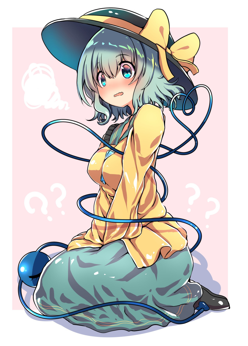 1girl ?? absurdres bangs black_footwear black_headwear blue_eyes blush border bow breasts commentary_request eyebrows_visible_through_hair frilled_shirt_collar frills green_hair green_skirt hair_between_eyes hat hat_bow heart heart_of_string highres komeiji_koishi long_sleeves looking_at_viewer medium_breasts nose_blush open_mouth outside_border pink_background rpameri shadow shirt shoes short_hair simple_background skirt solo squiggle touhou white_border yellow_bow yellow_shirt