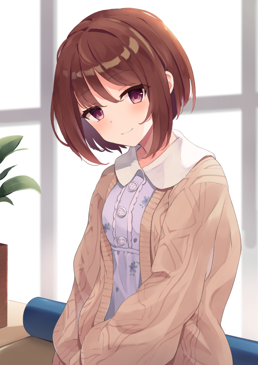 1girl bangs blush breasts brown_hair brown_jacket closed_mouth collared_dress commentary_request dress eyebrows_visible_through_hair floral_print hair_between_eyes highres jacket kashiwazaki_shiori long_sleeves looking_at_viewer mizu_(lzzrwi603) open_clothes open_jacket plant princess_connect! princess_connect!_re:dive print_dress puffy_long_sleeves puffy_sleeves purple_dress purple_hair short_hair sitting small_breasts smile solo window