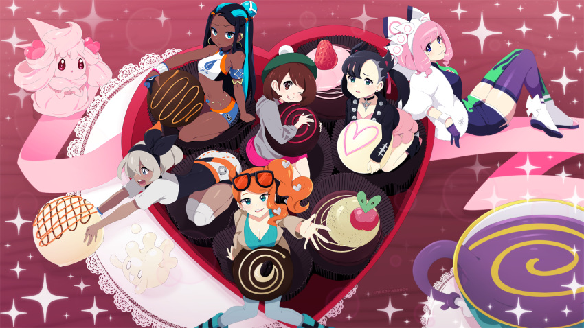 6+girls ahoge alcremie applin black_hair blue_hair brown_hair chocolate choker dark_skin earrings eyewear_on_head food fruit gen_8_pokemon glasses grey_hair gym_leader hairband hat highres hoop_earrings in_container in_food jewelry kurara_(pokemon) long_hair mary_(pokemon) milcery multicolored_hair multiple_girls nashirasauce navel one_eye_closed orange_hair pink_hair pokemon pokemon_(creature) pokemon_(game) pokemon_swsh rurina_(pokemon) saitou_(pokemon) shorts side_ponytail sinistea sitting sonia_(pokemon) sparkle_background strawberry twitter_username two-tone_hair valentine yuuri_(pokemon)