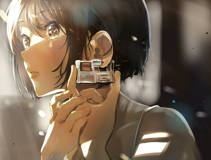 1girl absurdres bangs bare_shoulders bob_cut brown_eyes brown_hair commentary eyelashes hair_behind_ear highres holding hurt looking_away original own_hands_together parted_lips pomu portrait reflective_eyes short_hair sleeveless solo sunlight tears