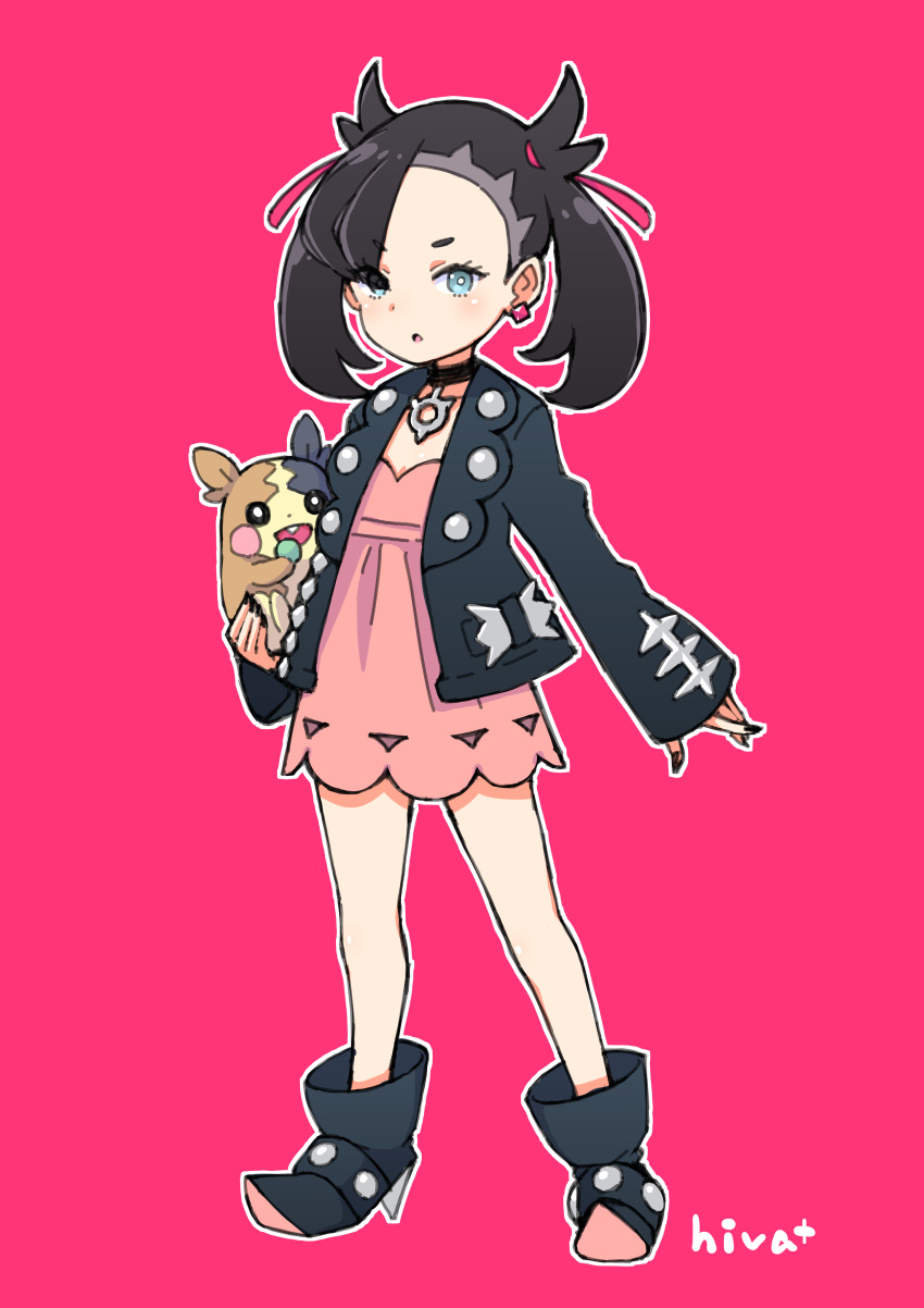 1girl absurdres black_choker black_eyes black_nails blue_eyes blush choker commentary dress earrings eyebrows_visible_through_hair eyes_visible_through_hair fingernails gen_8_pokemon hair_over_one_eye hair_ribbon highres hiva+ holding holding_pokemon jewelry long_fingernails long_hair looking_at_viewer mary_(pokemon) morpeko open_mouth parted_lips pink_background pink_dress pink_ribbon pokemon pokemon_(creature) pokemon_(game) pokemon_swsh ribbon short_eyebrows signature simple_background single_earring sleeves_past_wrists standing teeth upper_body