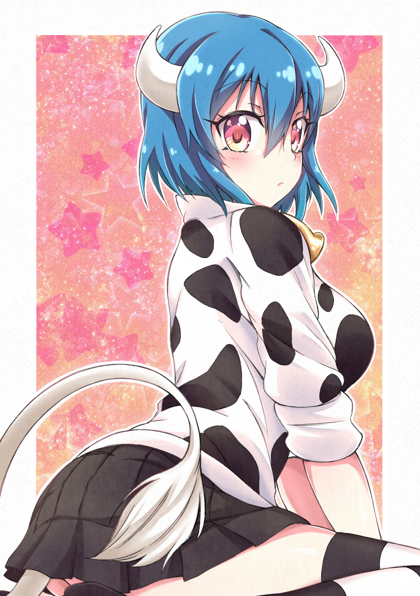 1girl absurdres animal_print bell bell_collar black_skirt blue_hair blush border breasts closed_mouth collar cow_bell cow_girl cow_horns cow_print cow_tail eyebrows_visible_through_hair highres horns huge_filesize jashin-chan_dropkick large_breasts looking_to_the_side miniskirt minos_(jashin-chan_dropkick) orange_eyes shiny shiny_hair short_hair simple_background sitting skirt solo star starry_background striped striped_legwear tail thigh-highs white_border yyuki317