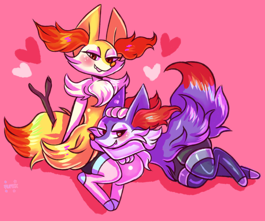 alternate_color black_legwear blush braixen brown_eyes commentary creature english_commentary fang flufflixx full_body gen_6_pokemon hand_on_another's_head heart lying no_humans on_lap on_side pink_background pink_legwear pokemon pokemon_(creature) pokemon_on_lap shadow shiny_pokemon signature simple_background sitting smirk star stick thigh-highs