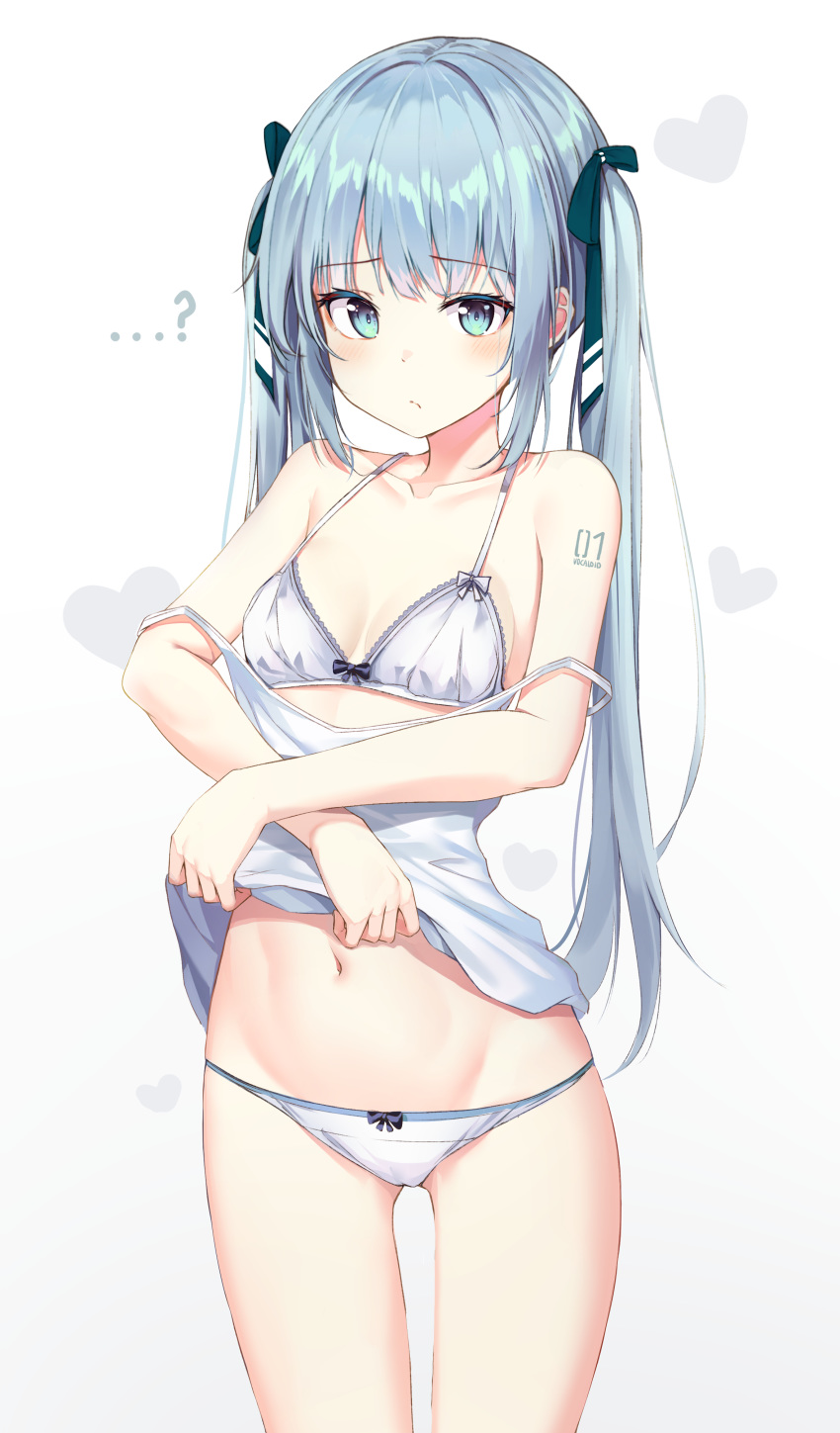 ... ...? 1girl ? absurdres apple_ringo bangs bare_arms bare_shoulders black_bow black_ribbon blue_eyes blue_hair blush bow bow_panties bra breasts camisole closed_mouth collarbone commentary cowboy_shot eyebrows_visible_through_hair groin hair_ribbon hatsune_miku heart highres lace lace-trimmed_bra long_hair looking_at_viewer navel no_pants number_tattoo panties ribbon shoulder_tattoo simple_background small_breasts solo standing stomach strap_slip tattoo thighs twintails underwear undressing very_long_hair vocaloid white_background white_bra white_panties