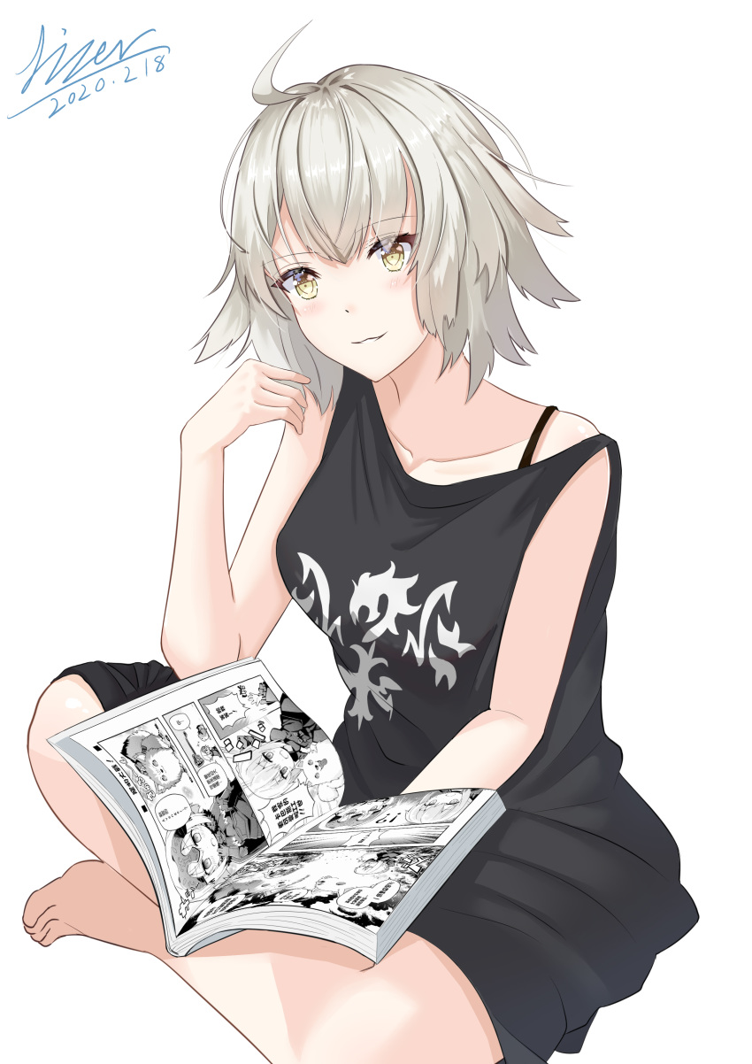1girl absurdres ahoge bangs barefoot black_dress book breasts crossed_legs dated dress fate/grand_order fate_(series) highres holding holding_book jeanne_d'arc_(alter)_(fate) jeanne_d'arc_(fate)_(all) large_breasts lizer manga_(object) off-shoulder_dress off_shoulder short_hair signature silver_hair tsurime white_background yellow_eyes