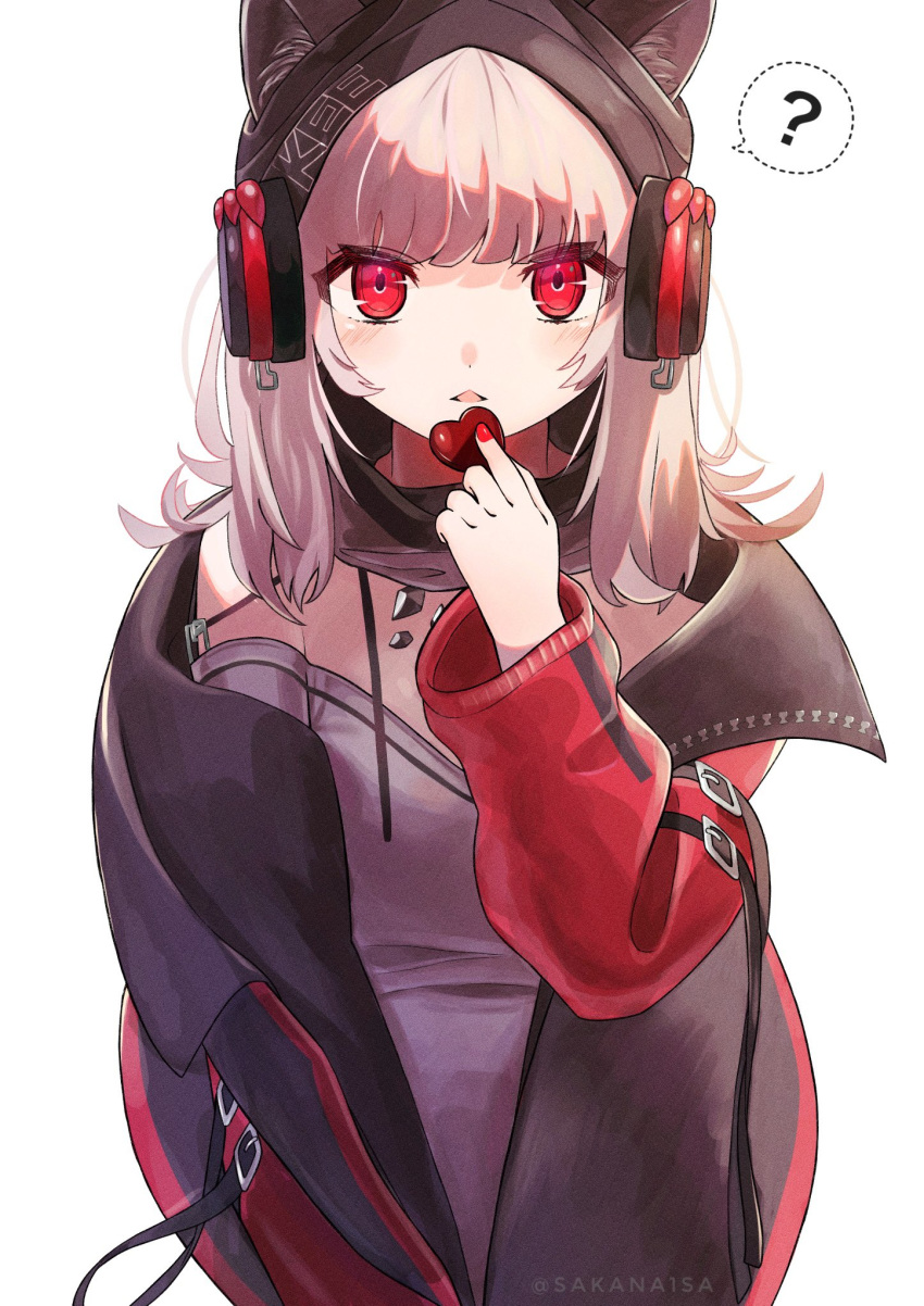 1girl ? arknights beanie black_headwear blush coat eyebrows_visible_through_hair frostleaf_(arknights) hat headphones heart highres jacket looking_at_viewer open_mouth ore_lesion_(arknights) red_eyes red_jacket red_nails red_sleeves sakana1sa simple_background solo white_background