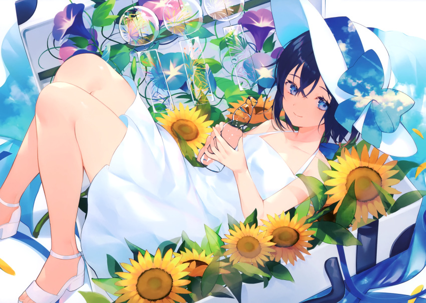 1girl achiki bangs bare_legs bare_shoulders black_hair blue_eyes blue_hair bottle bow bubble closed_mouth dress flower foot_out_of_frame hat hat_bow hat_ribbon high_heels highres holding holding_bottle in_container knees_up looking_at_viewer lying morning_glory on_back original ramune ribbon scan shoes short_hair sky_print sleeveless sleeveless_dress smile solo strappy_heels suitcase sundress sunflower white_dress white_footwear white_headwear wind_chime