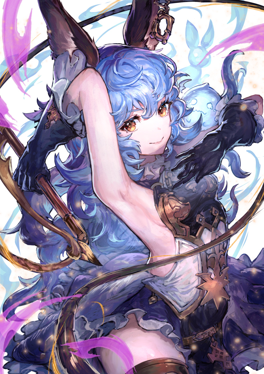 1girl animal_ears arm_up armpits backless_outfit bangs bare_back black_gloves blue_hair breasts brown_eyes closed_mouth erune ferry_(granblue_fantasy) gloves granblue_fantasy hair_between_eyes highres holding_whip jewelry lips looking_at_viewer nijimaarc rabbit_ears sideboob sideless_outfit single_earring small_breasts solo thigh-highs upper_body wavy_hair whip