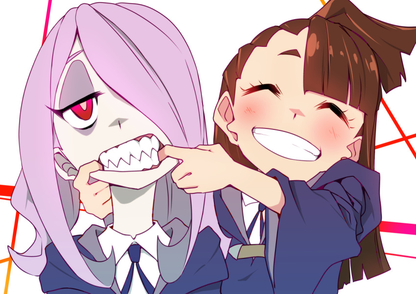 2girls bangs blue_neckwear blunt_bangs brown_hair closed_eyes collar commentary_request eyeshadow fingersmile forced_smile hair_over_one_eye half-closed_eyes kagari_atsuko kou_eno little_witch_academia long_hair luna_nova_school_uniform makeup multiple_girls purple_hair red_eyes school_uniform sharp_teeth smile sucy_manbavaran teeth upper_body white_background wide_sleeves