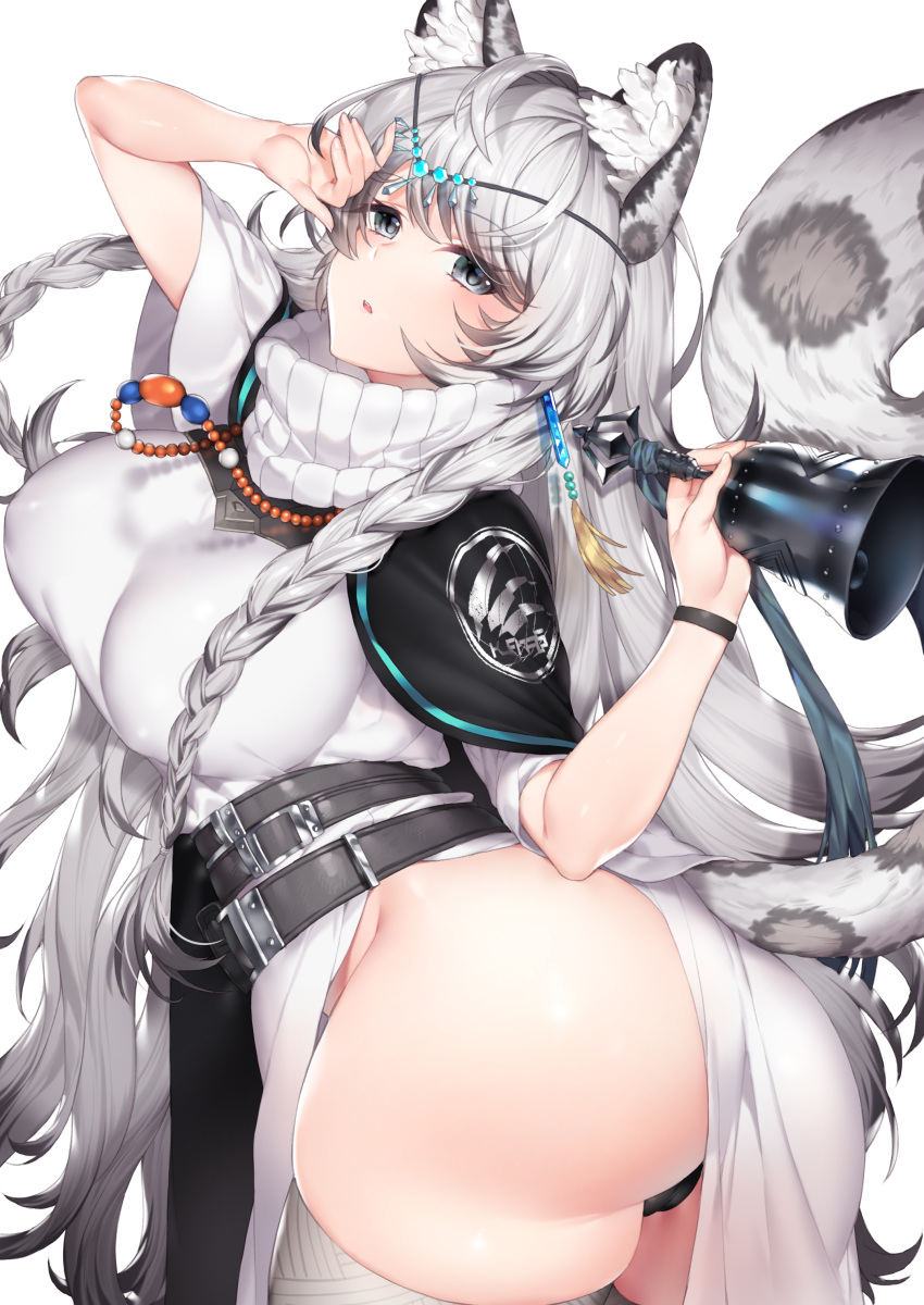 1girl absurdres animal_ear_fluff animal_ears arknights arm_up ass bangs bead_necklace beads belt black_capelet black_panties blush braid breasts capelet cowboy_shot dress eyebrows_visible_through_hair grey_eyes hair_between_eyes head_chain highres holding_bell ia_(ias1010) jewelry large_breasts leopard_ears leopard_tail long_hair looking_at_viewer multiple_belts necklace panties pramanix_(arknights) short_sleeves silver_hair skindentation solo standing tail thick_thighs thigh-highs thighs turtleneck twin_braids twisted_torso underwear very_long_hair wristband