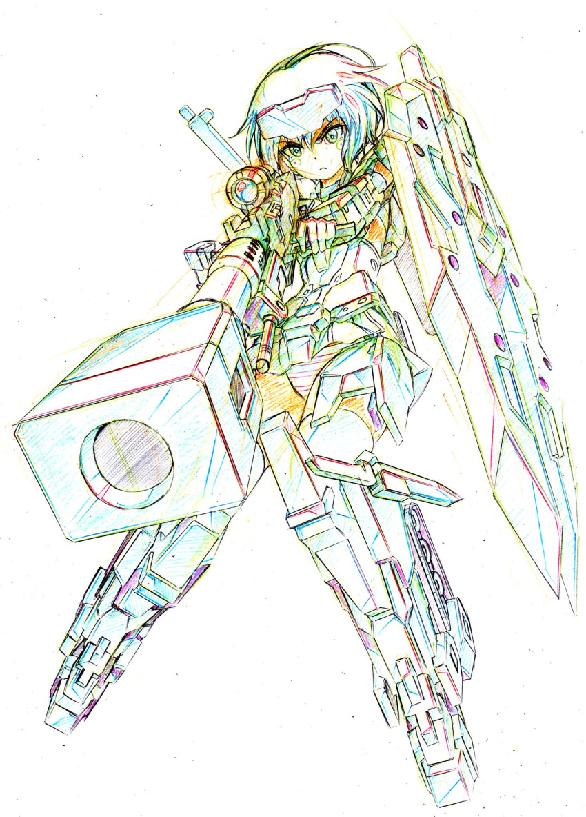 1girl aiming color_trace colored_pencil_(medium) commentary_request elbow_gloves frame_arms_girl gloves goggles goggles_on_head gourai gun headgear highres knife kumichou_(ef65-1118-ef81-95) mecha_musume panties rifle shield short_hair shoulder_cannon sketch sniper_rifle solo striped striped_panties thigh-highs traditional_media underwear weapon white_background