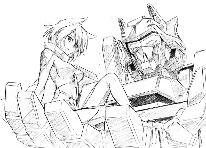 1girl bodysuit breasts commentary_request graphite_(medium) hair_flaps highres knee_up kumichou_(ef65-1118-ef81-95) large_breasts long_sleeves looking_at_viewer mecha original pilot_suit short_hair sitting_on_hand sketch traditional_media visor white_background