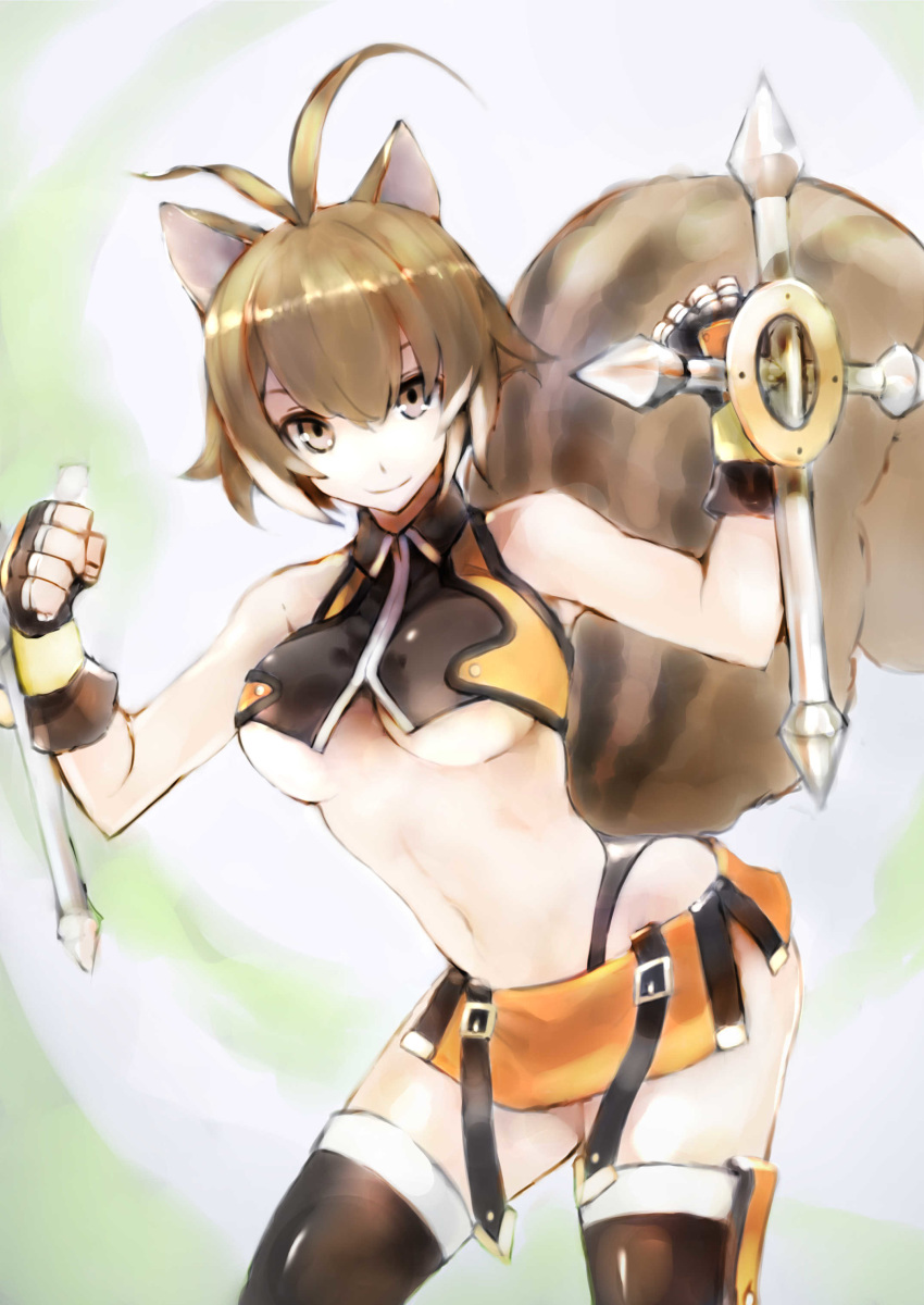 1girl absurdres animal_ears antenna_hair bana_(stand_flower) blazblue breasts brown_hair closed_mouth dual_wielding fingerless_gloves gloves highres holding large_breasts looking_at_viewer makoto_nanaya navel orange_skirt revealing_clothes short_hair skirt smile solo squirrel_ears squirrel_tail tail thigh-highs tonfa under_boob weapon