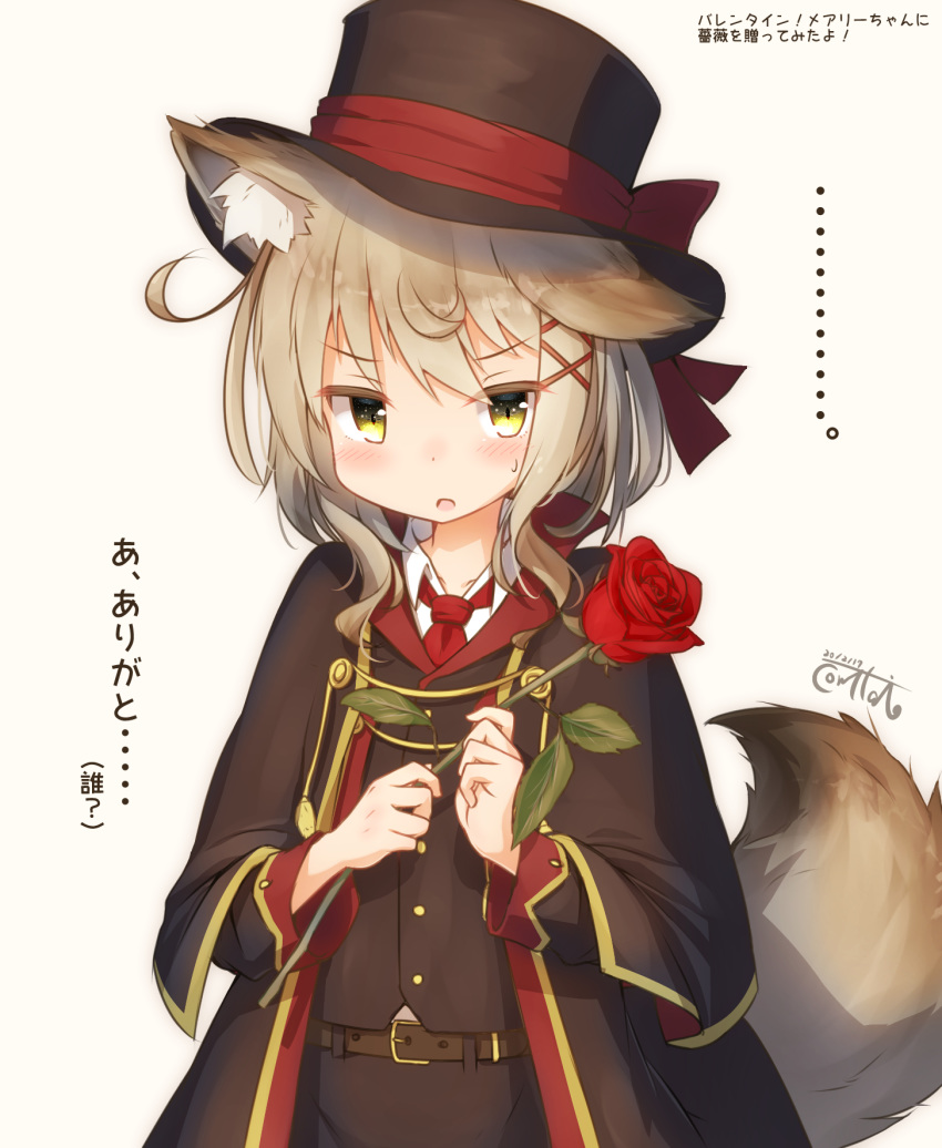 ... 1girl :o animal_ear_fluff animal_ears bangs belt belt_buckle black_coat black_headwear black_pants black_vest blush bow brown_background brown_belt brown_hair buckle collared_shirt commentary_request coreytaiyo dated eyebrows_visible_through_hair flower hair_ornament hat hat_bow highres holding holding_flower long_sleeves looking_at_viewer necktie original pants parted_lips red_bow red_flower red_neckwear red_rose rose shirt signature simple_background solo sweat tail tail_raised translation_request vest white_shirt x_hair_ornament yellow_eyes