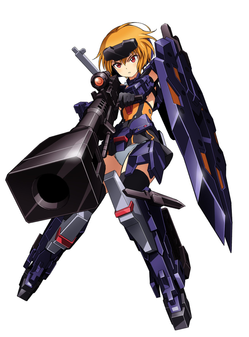 1girl aiming alternate_color black_gloves black_legwear commentary_request elbow_gloves frame_arms_girl gloves goggles goggles_on_head gourai gun headgear highres knife kumichou_(ef65-1118-ef81-95) mecha_musume orange_hair panties red_eyes rifle shield short_hair shoulder_cannon sniper_rifle solo thigh-highs underwear weapon white_background white_panties