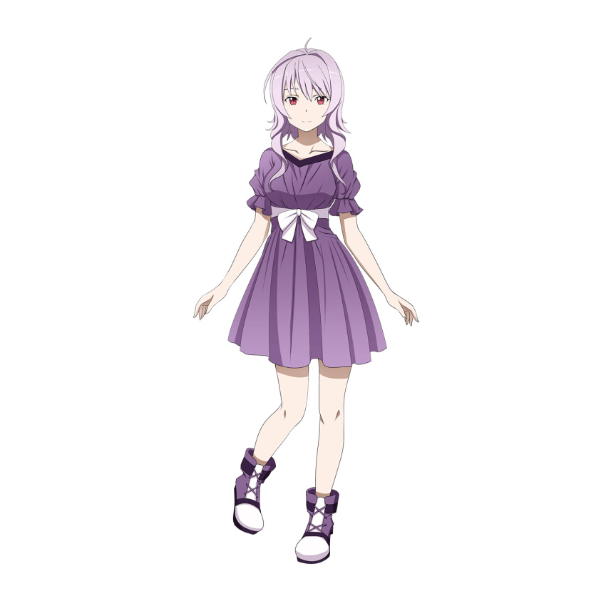 1girl ahoge bangs bow closed_mouth collarbone dress full_body hair_between_eyes hair_intakes highres looking_at_viewer official_art purple_dress purple_hair red_eyes ribbon shiny shiny_hair short_dress short_hair_with_long_locks short_sleeves sidelocks smile solo standing standing_on_one_leg strea sundress sword_art_online transparent_background white_bow white_ribbon