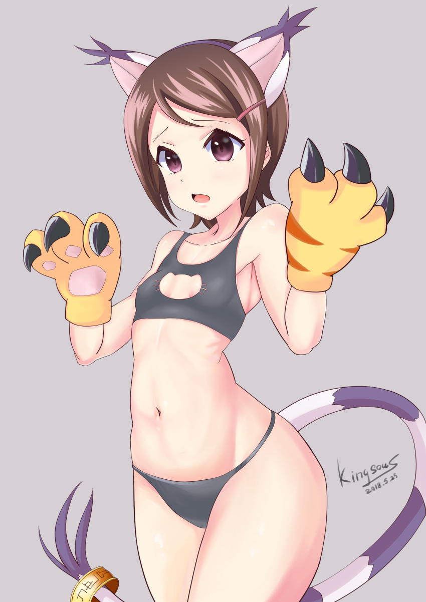 1girl absurdres brown_eyes brown_hair cleavage_cutout cosplay digimon digimon_adventure gloves hair_ornament hairclip highres king_sou_s looking_at_viewer open_mouth panties short_hair simple_background solo tailmon tailmon_(cosplay) underwear yagami_hikari