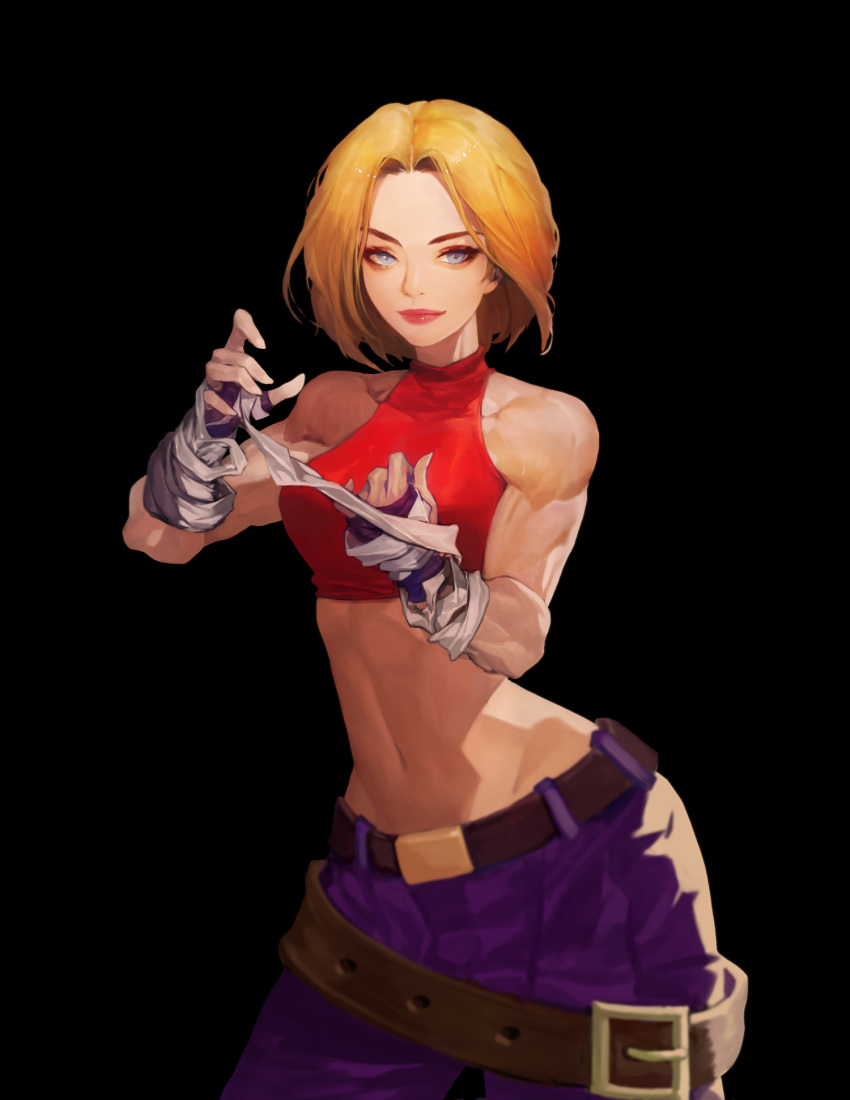 1girl artist_request bare_shoulders belt blonde_hair blue_eyes blue_mary breasts closed_mouth crop_top denim fatal_fury fingerless_gloves gloves halter_top halterneck highres jeans large_breasts lipstick looking_at_viewer loose_belt makeup midriff muscle navel pants short_hair simple_background smile solo the_king_of_fighters
