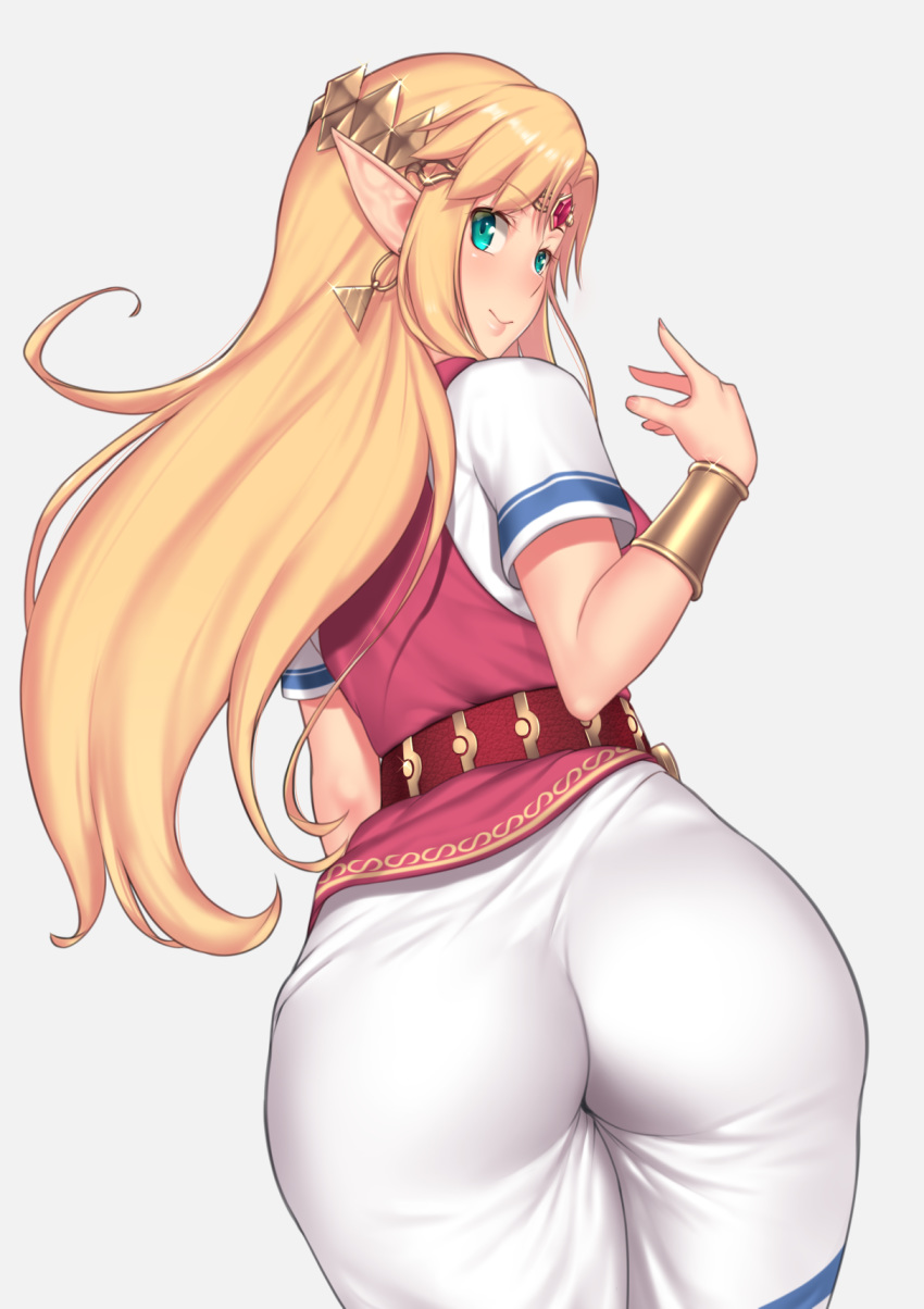 1girl ass aster_crowley blonde_hair dress from_behind green_eyes highres long_hair looking_at_viewer looking_back pink_background pointy_ears princess_zelda simple_background solo super_smash_bros. the_legend_of_zelda thighs tight_dress white_dress wide_hips