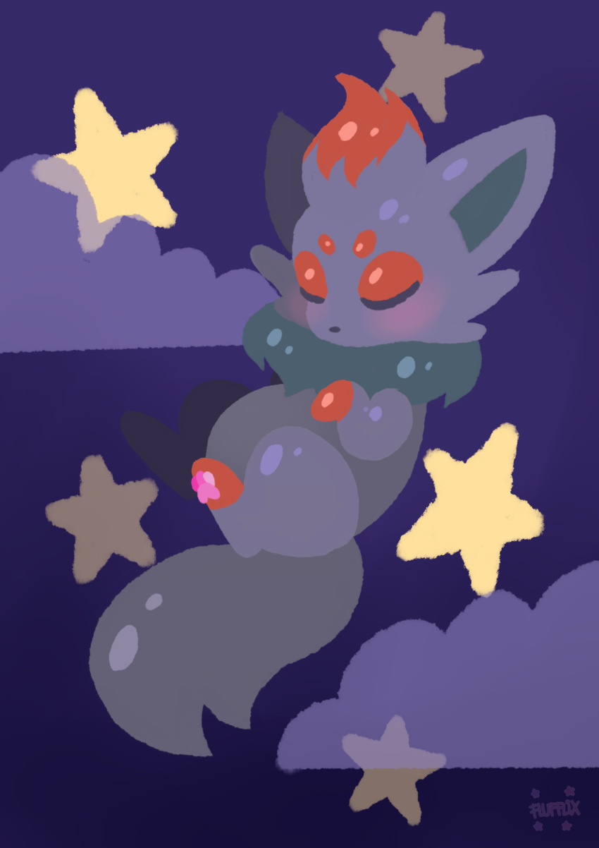 closed_eyes closed_mouth clouds commentary creature english_commentary floating flufflixx full_body gen_5_pokemon highres night night_sky no_humans pokemon pokemon_(creature) purple_background signature simple_background sky sleeping solo star zorua