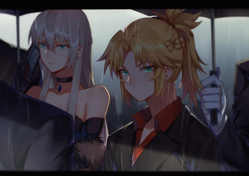 2girls absurdres bare_shoulders blonde_hair braid breasts cellphone choker elbow_gloves fate/apocrypha fate/grand_order fate_(series) formal french_braid funeral gloves green_eyes hair_between_eyes highres letterboxed looking_at_viewer mordred_(fate)_(all) morgan_le_fay_(fate) mother_and_daughter multiple_girls phone platinum_blonde_hair ponytail rain sidelocks smartphone suit umbrella yorukun